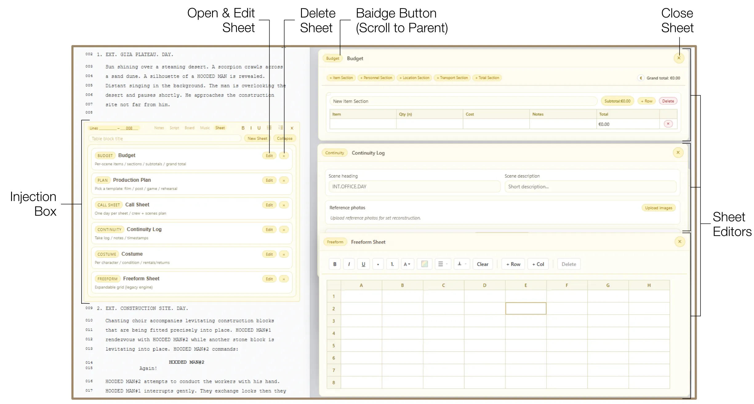 Sheet injection popped out with editor and sheet list visible